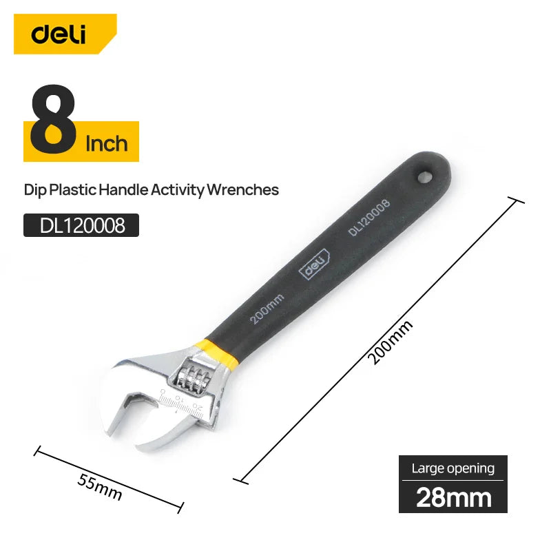 Deli Adjustable Wrench Large Opening long Handle Universal Spanner Carbon Steel Mechanical Workshop Hand Car Repair Tools