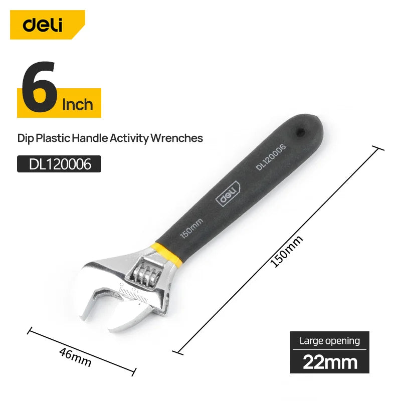 Deli Adjustable Wrench Large Opening long Handle Universal Spanner Carbon Steel Mechanical Workshop Hand Car Repair Tools